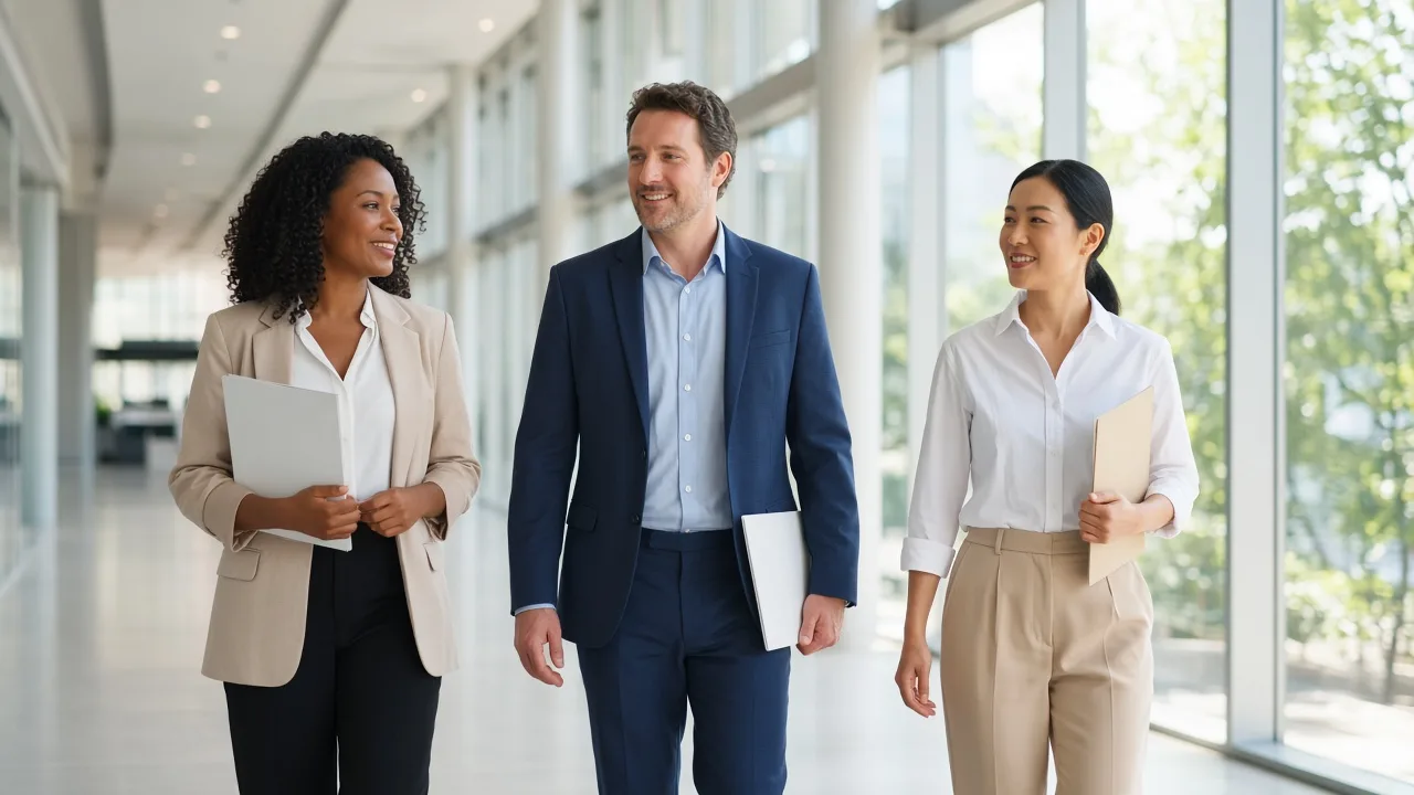Three colleagues walk a sunny office corridor carrying blank folders.