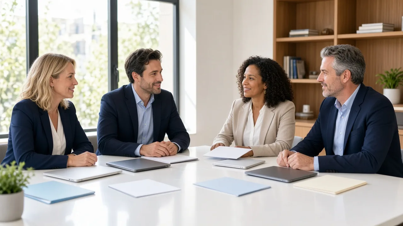 Four colleagues meet at a sunny table with blank folders and closed laptops.