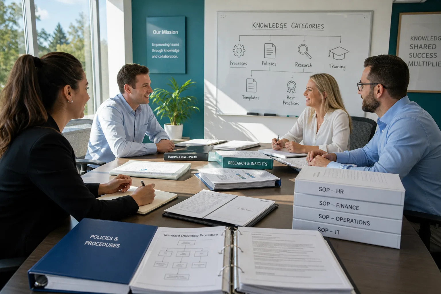 Bright USA office conference table with knowledge binders and organized documentation