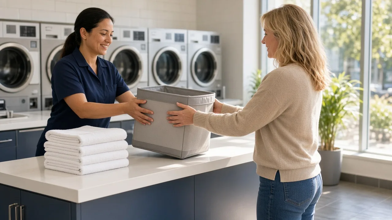A customer hands a laundry hamper to an attendant at a bright laundromat counter.