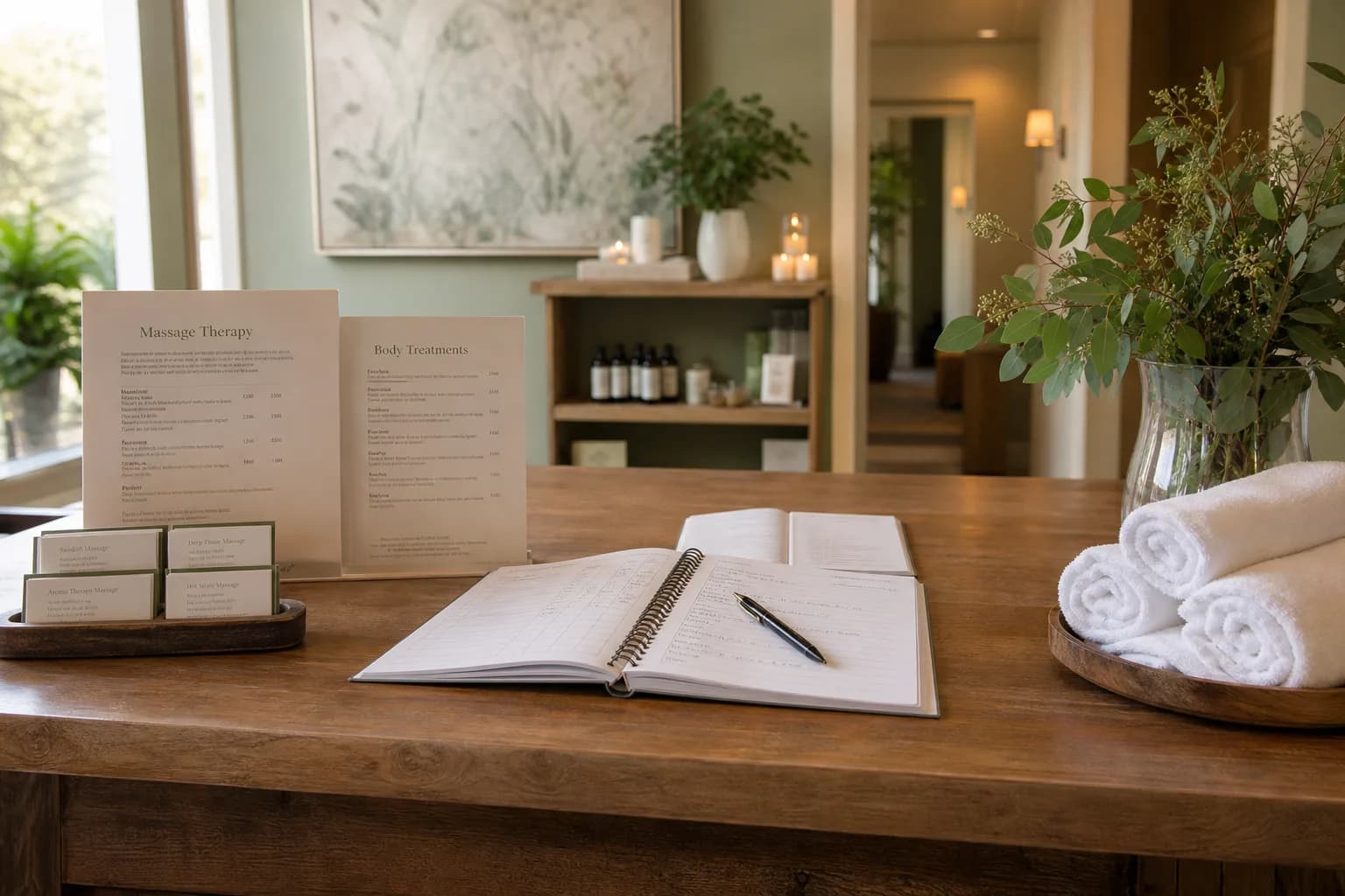 Bright USA spa reception with appointment books and wellness treatment menus