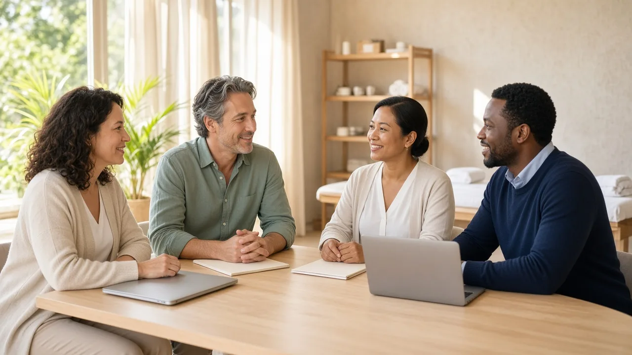 Four wellness professionals meet in a sunny room with blank folders and closed laptops.