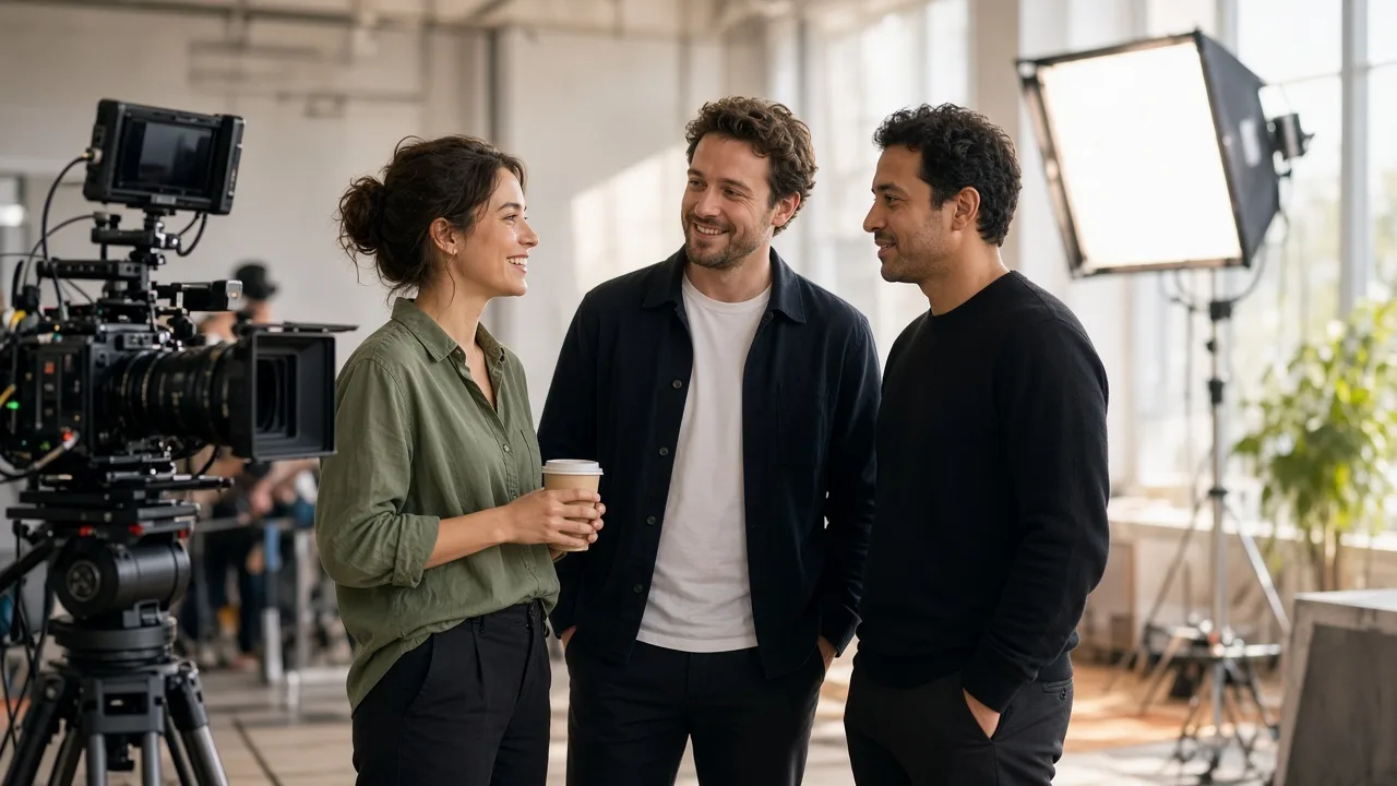 Three people talk on a sunny indoor film set beside a camera and soft lights.