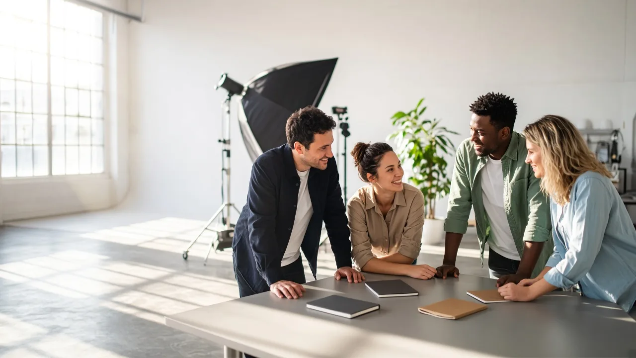 A small production team gathers around a sunny studio table with closed notebooks.