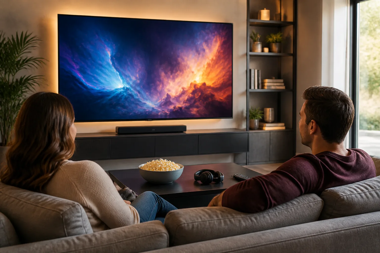 Bright USA entertainment streaming lounge with cinema screen and headphones