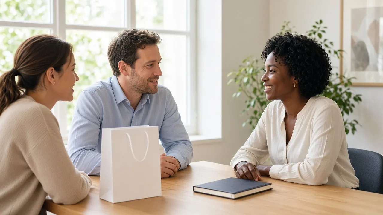 Three colleagues talk in a sunny room beside a plain white paper bag and a closed notebook.