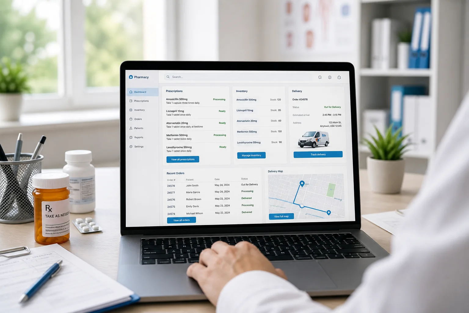 Laptop showing a medicine delivery platform dashboard with pharmacy orders, prescriptions, and delivery analytics