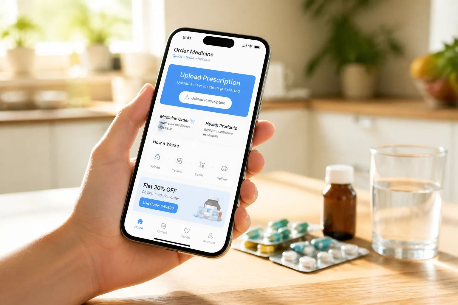 Custom medicine delivery app with prescription uploads, medicine ordering, and delivery tracking
