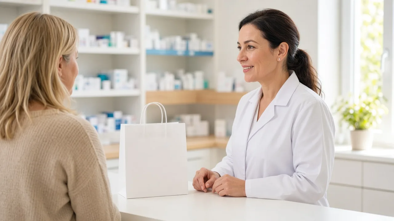 A pharmacist talks with a customer at a sunny pharmacy counter beside a plain white bag.