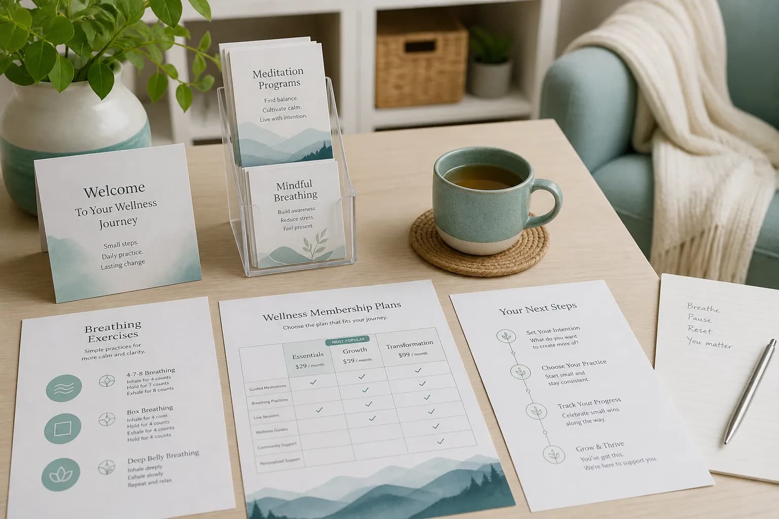 Bright USA wellness desk with meditation session cards and calming tea