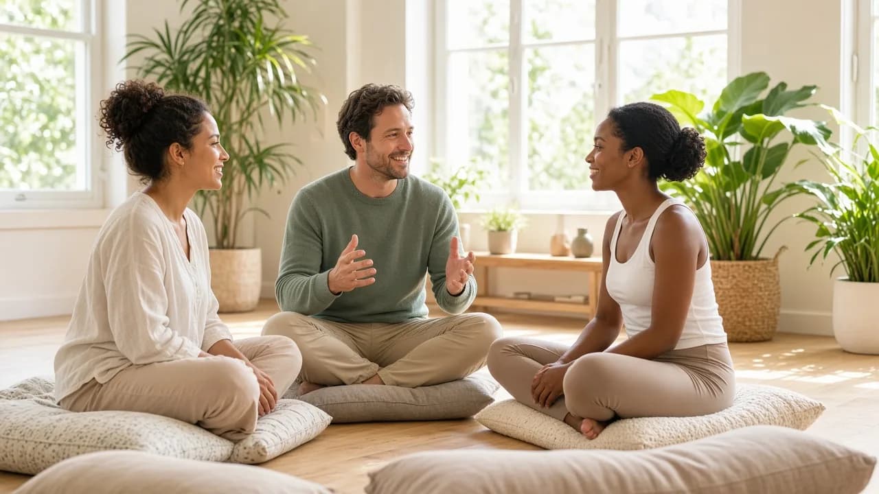 Three people talk on cushions in a sunny wellness studio with plants.