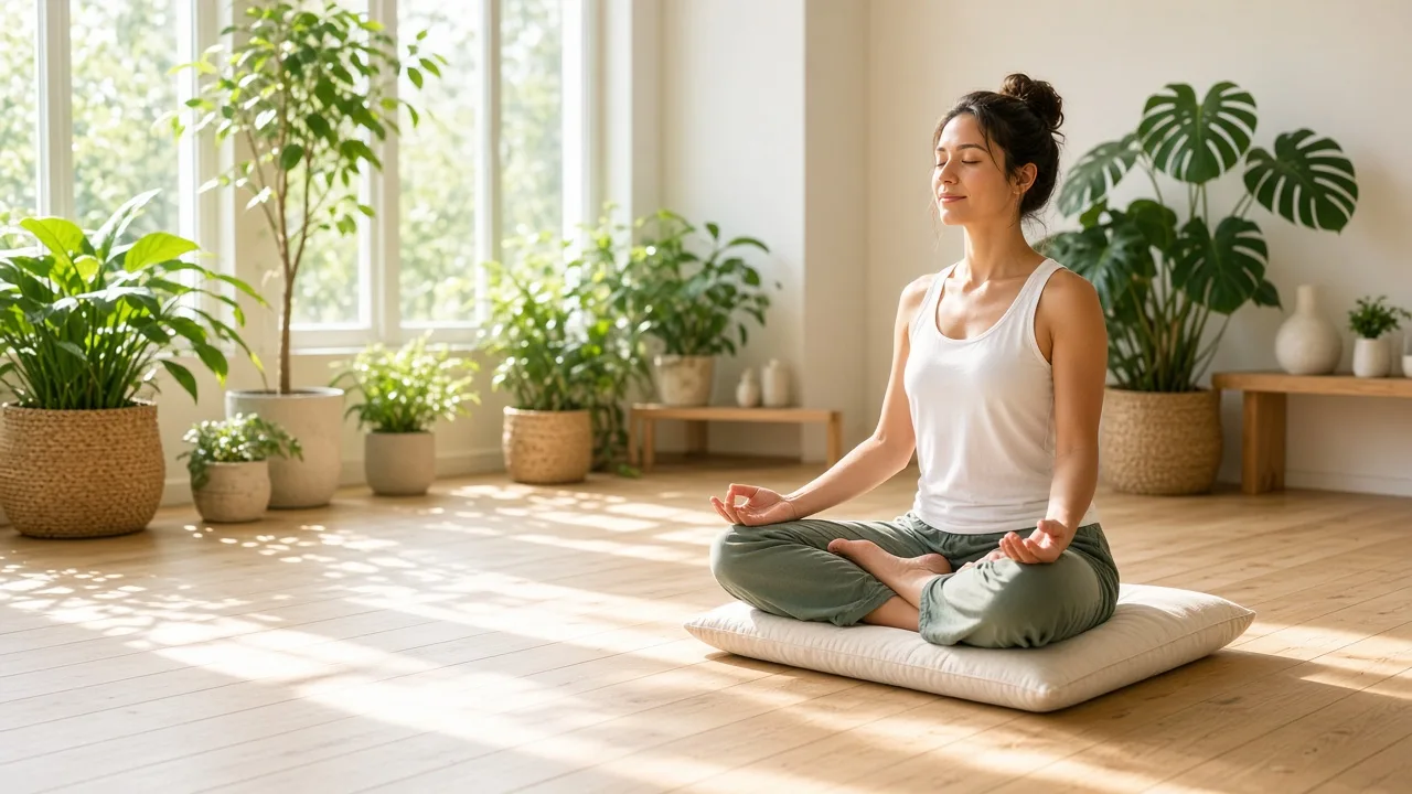 A person meditates on a cushion in a bright studio with plants and pale wood floors.
