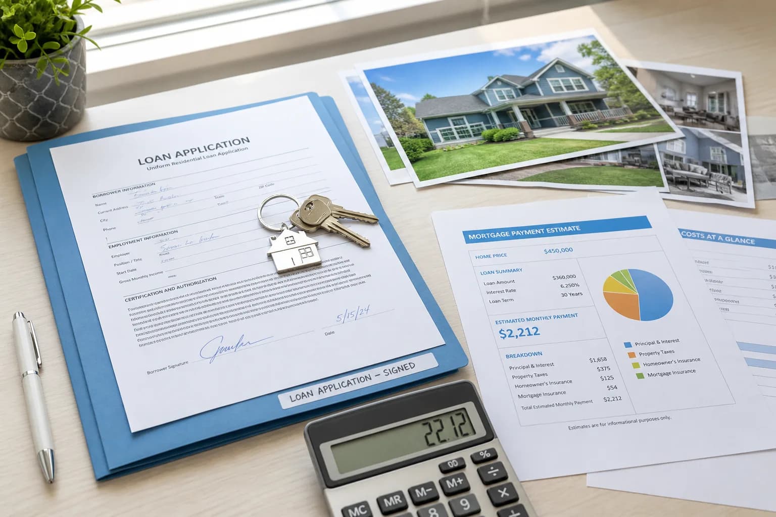 Bright USA mortgage desk with house keys, loan folders, and payment estimate sheets