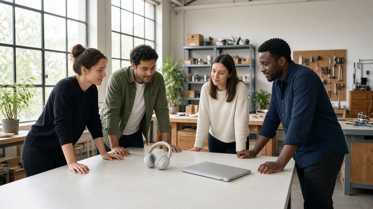 A small team planning around a table with plain headphones and a closed laptop.