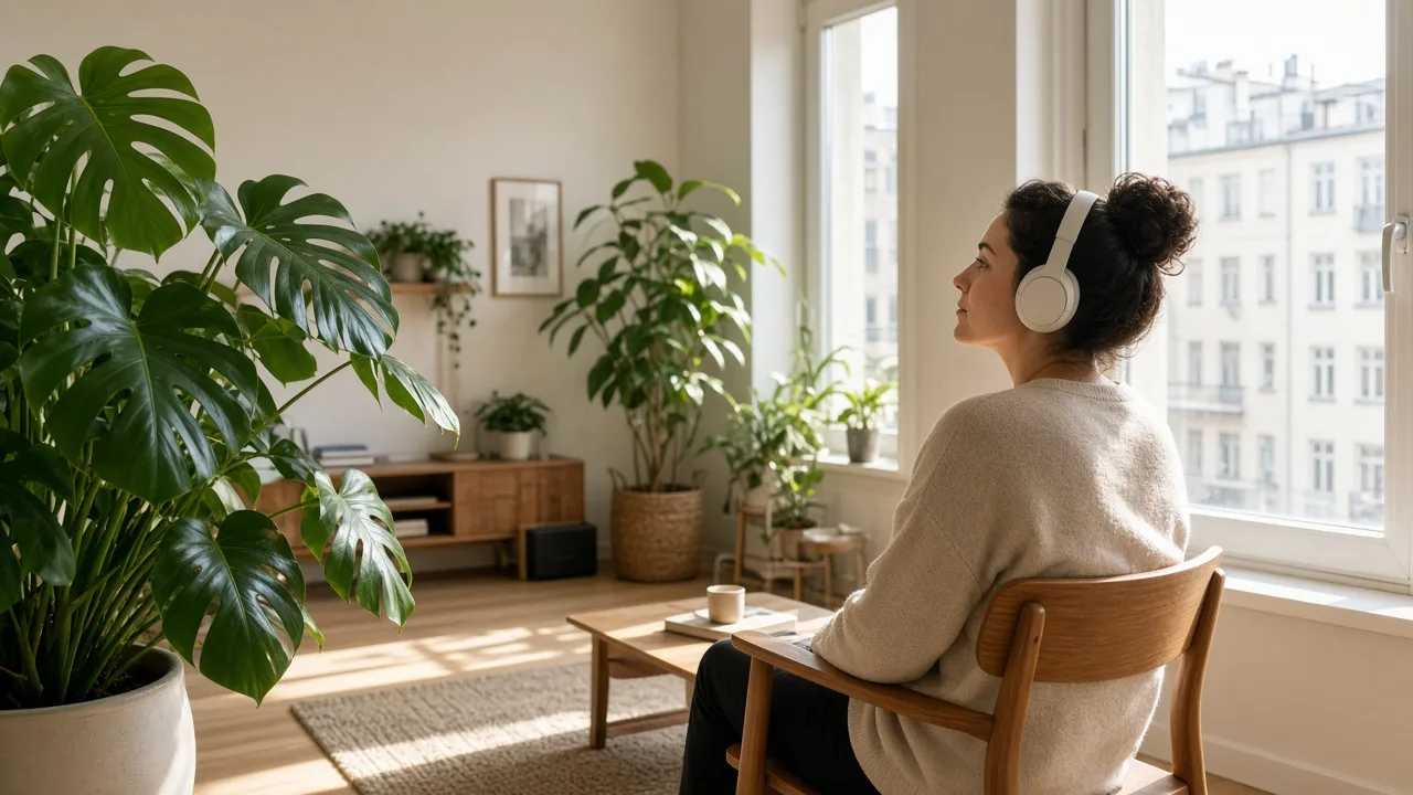 A person with plain headphones sitting by a sunny window.