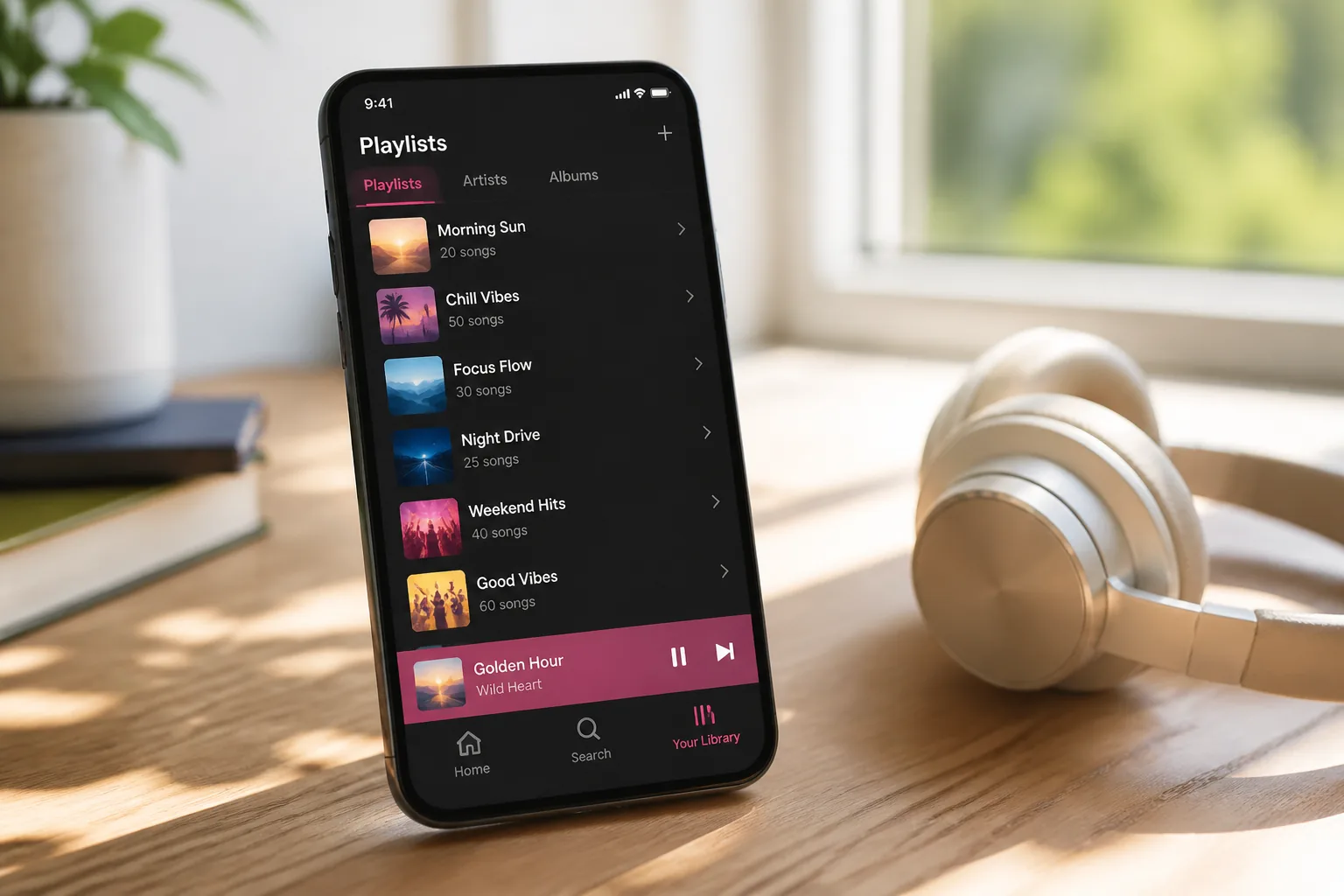 Music streaming app with high quality audio playback, playlists, offline listening, and personalized recommendations
