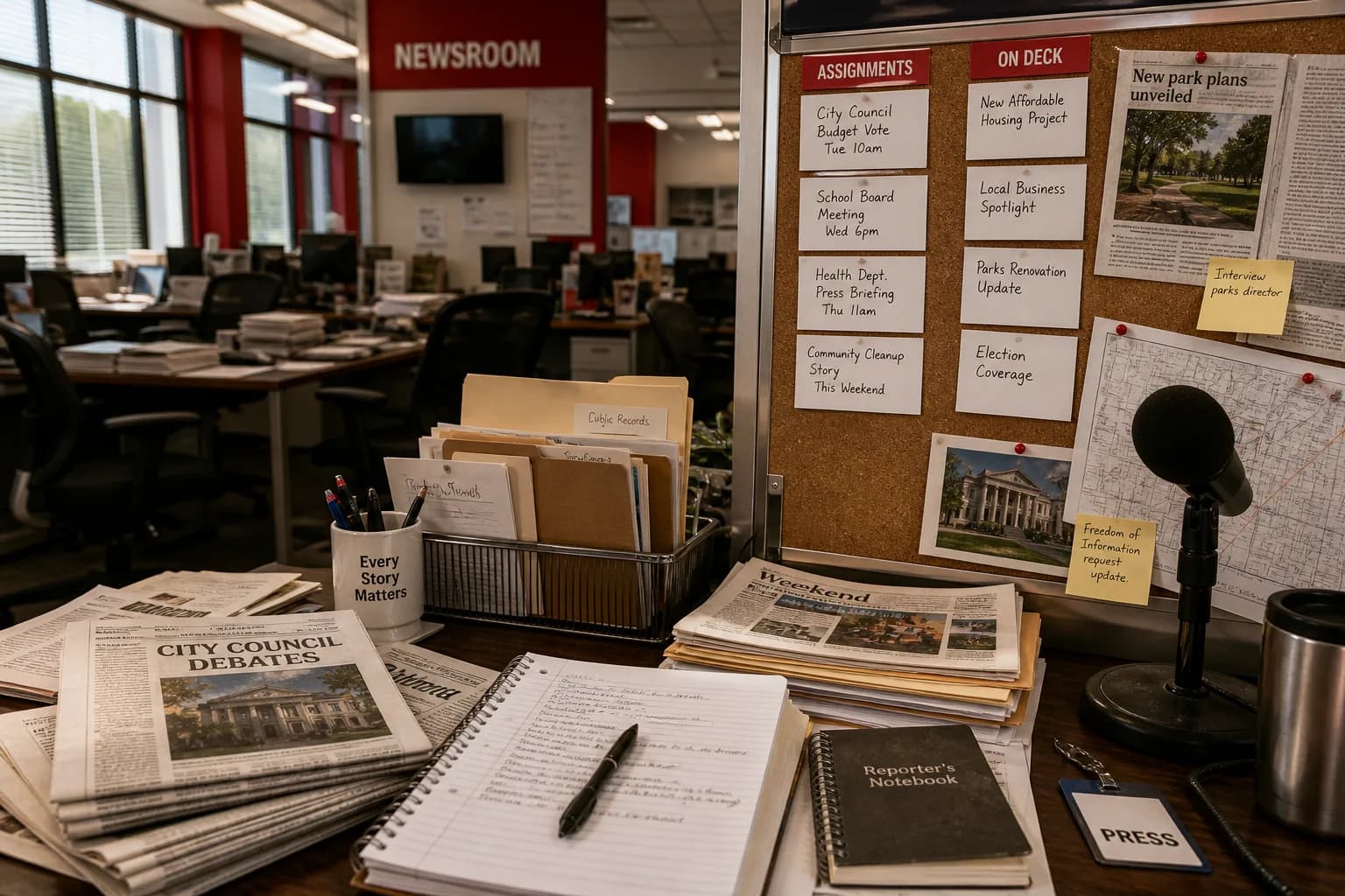 Bright USA newsroom with editorial boards, newspapers, and press notebooks