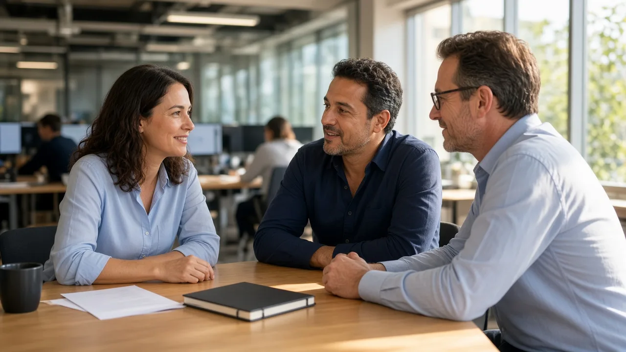 Three colleagues talk around a table in a sunny newsroom with a closed notebook.