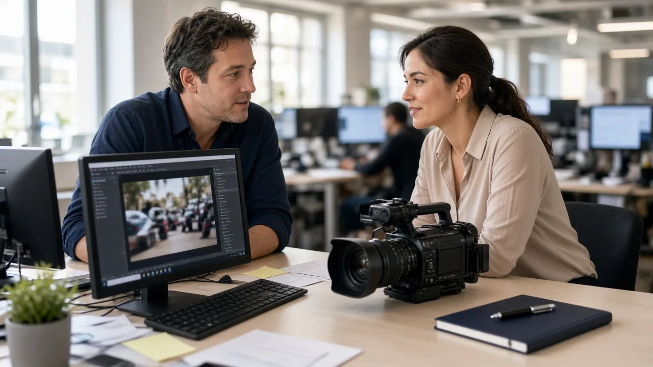 An editor and a reporter talk at a sunny newsroom desk with a camera and a closed notebook.