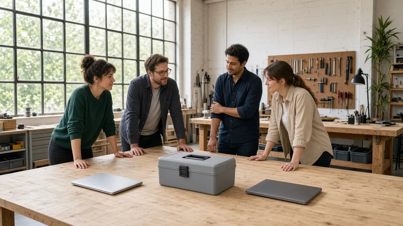 A small team planning around a table with a plain toolbox and closed laptops.