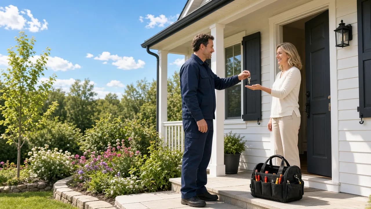 A technician and a homeowner at a sunny doorway with a plain tool bag.