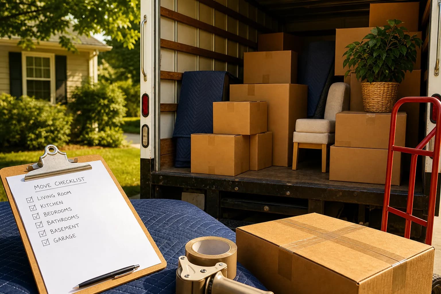 Bright USA moving yard with boxes, labels, and open truck cargo