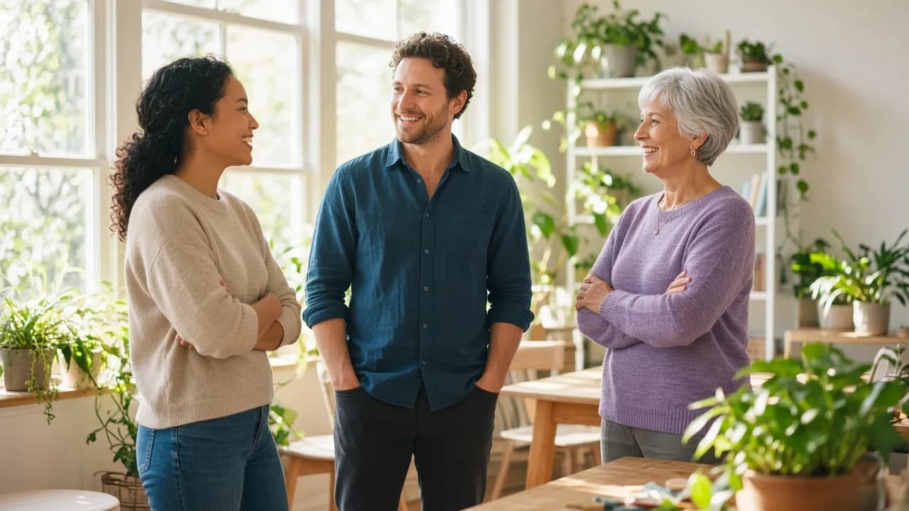 Three people talk in a sunny community room with plants.