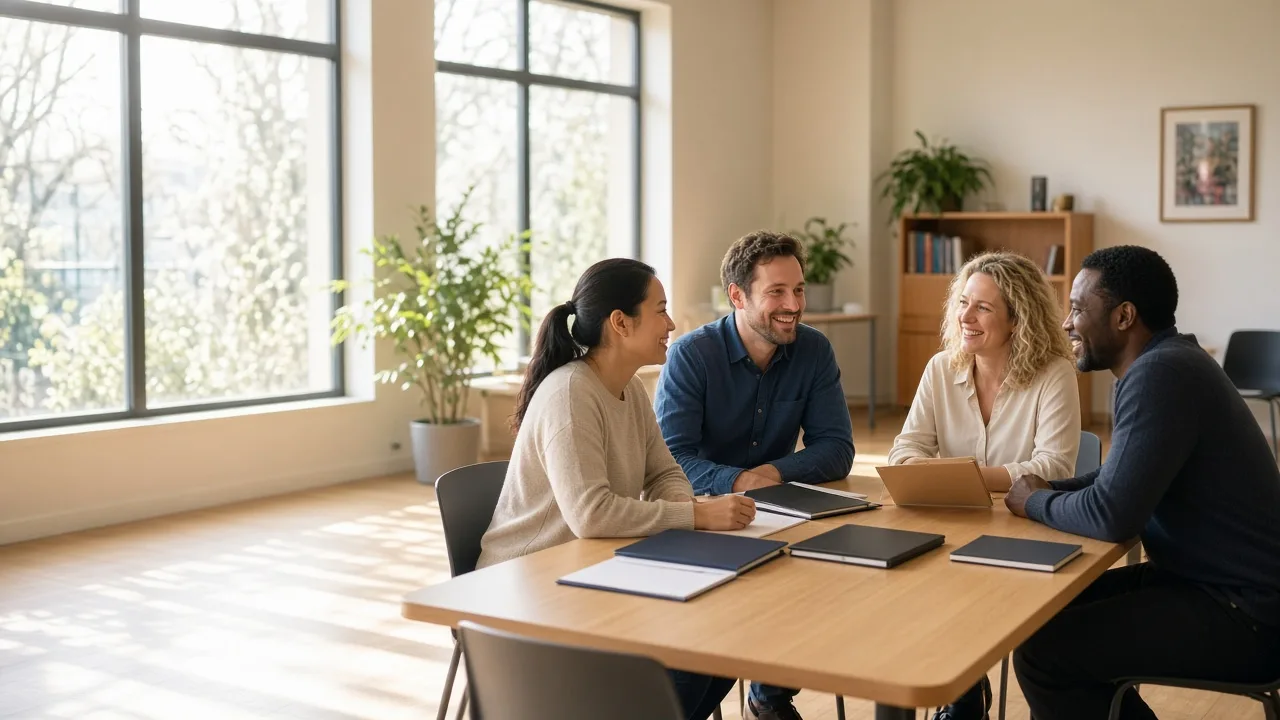 A small team gathers around a sunny community table with closed folders.