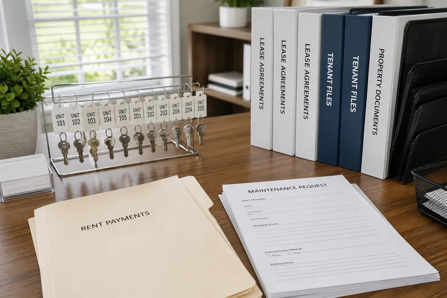 Bright USA property management office with keys, lease binders, and unit files