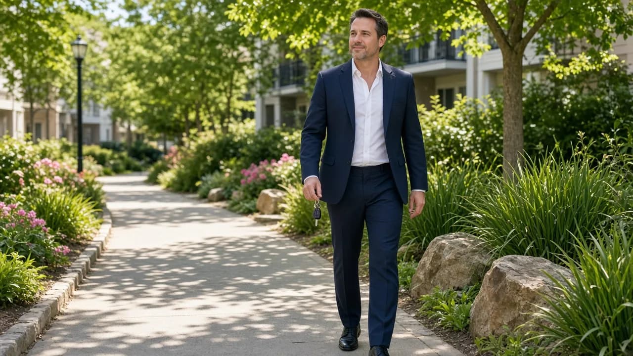 A manager walks a sunny landscaped apartment path with keys.