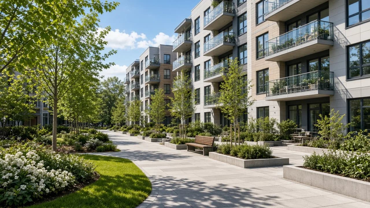 A modern apartment courtyard is bright in sunshine.