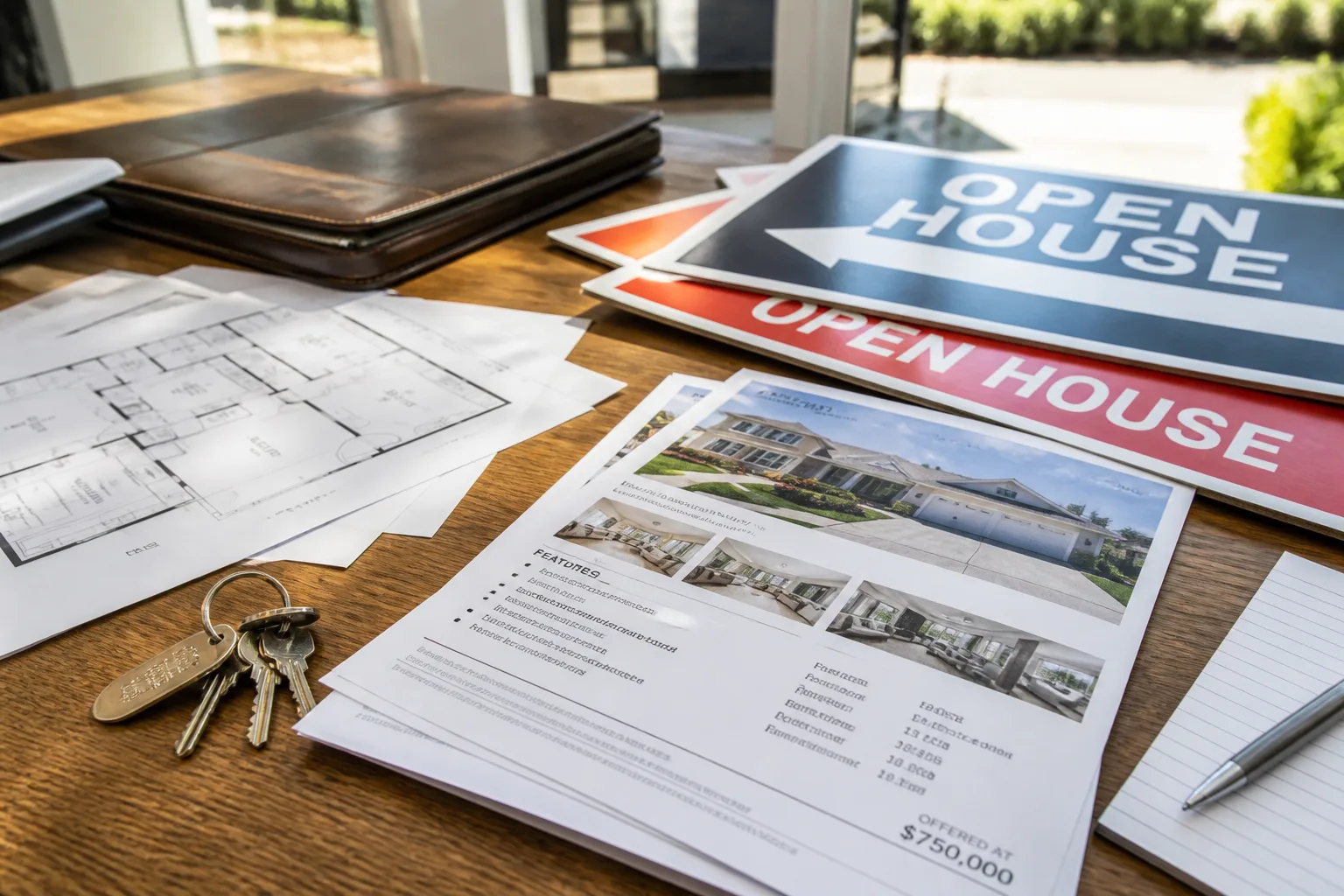 Bright USA home listing desk with keys, floor plans, and open-house materials