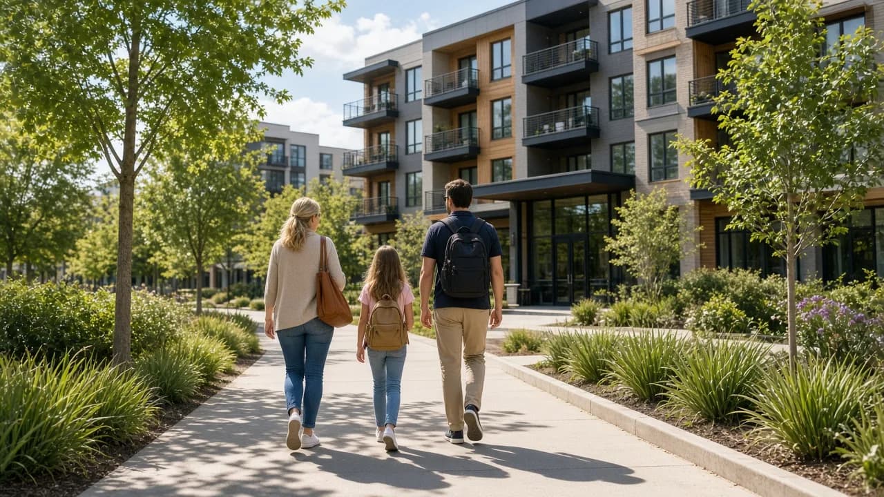 People walk toward a modern apartment building in sunshine.