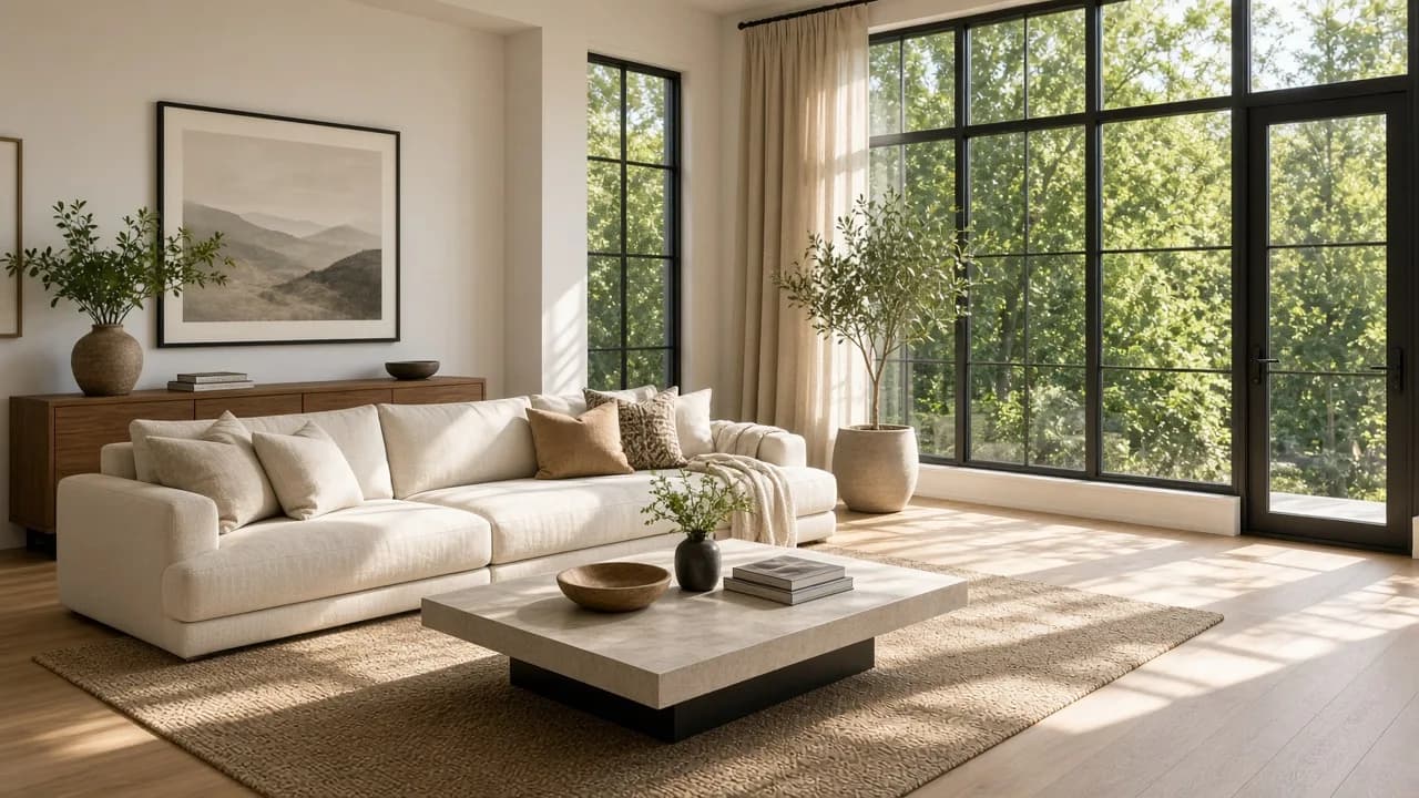 A sunlit modern living room has large windows and a sofa.
