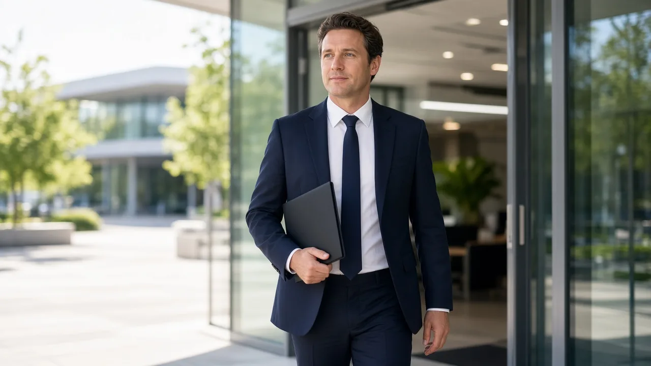 A professional walks out of a sunny office carrying a blank folder.