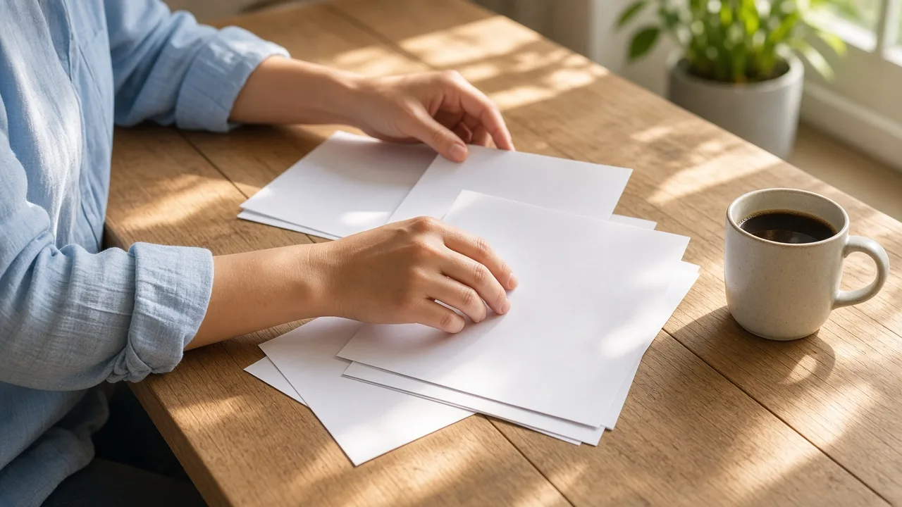 A person organizes blank document pages on a sunny wooden desk.