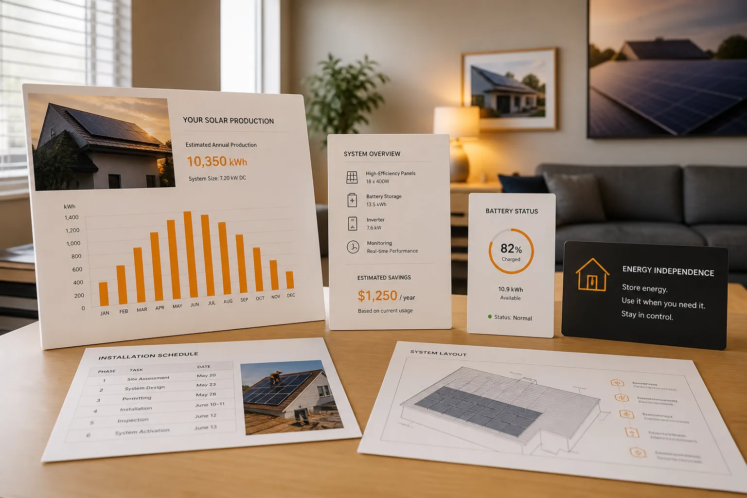 Bright USA solar energy desk with production charts and consultation cards