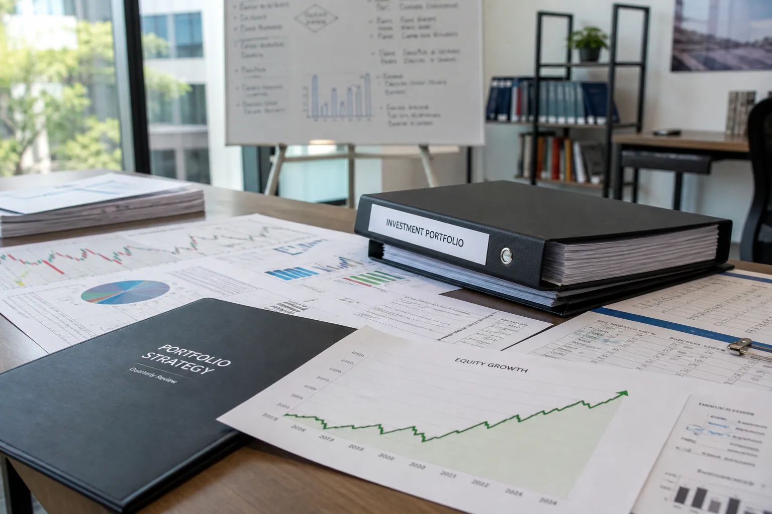 Bright USA financial workspace with printed market charts and portfolio binders