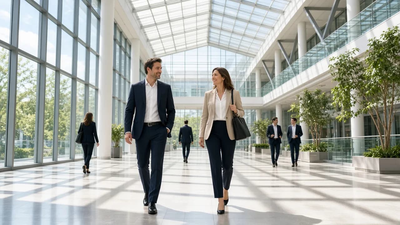 Professionals walk through a sunny glass atrium of a modern office tower.