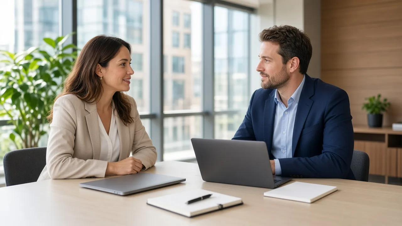 Two colleagues meet at a sunny table with closed laptops and blank notebooks.