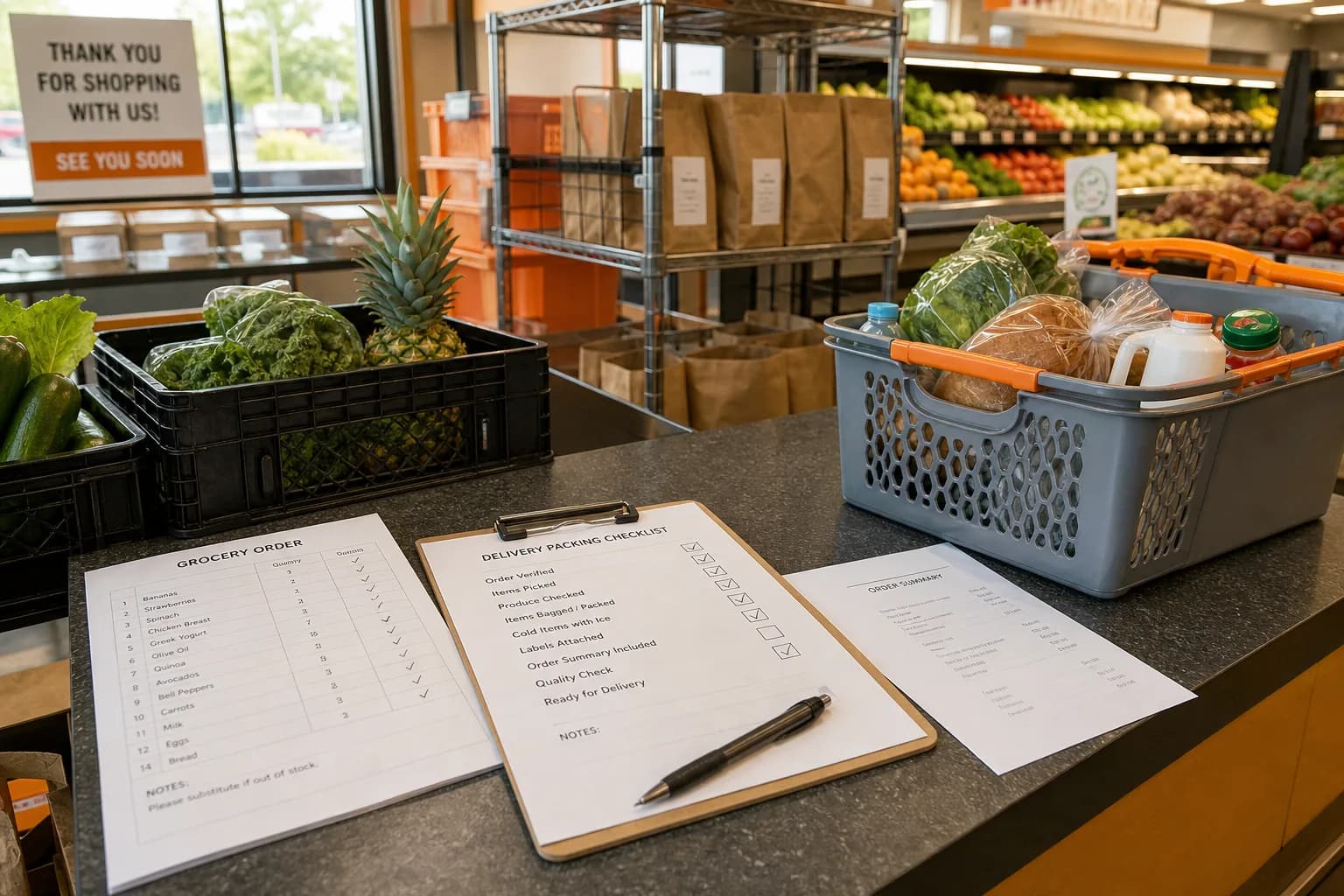 Bright USA supermarket desk with grocery order sheets, produce, and delivery packing checklists