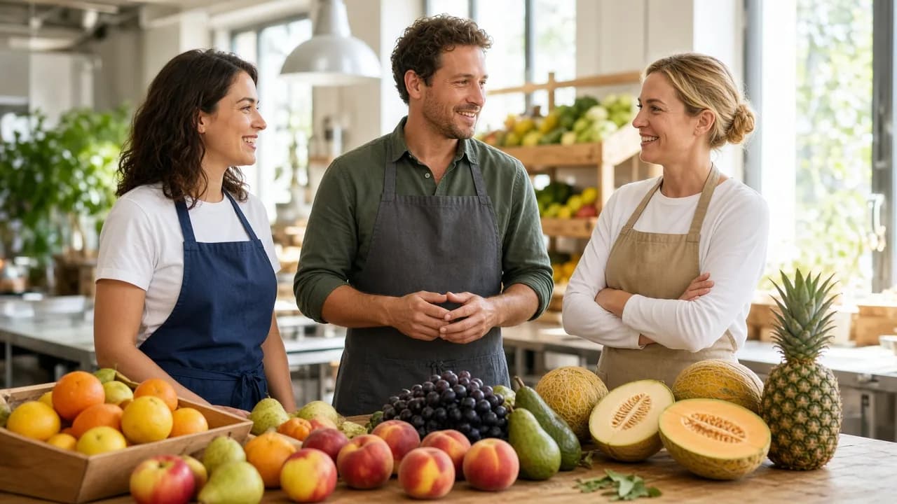 Three grocery colleagues talk around a table of loose fruit in a sunny prep area.