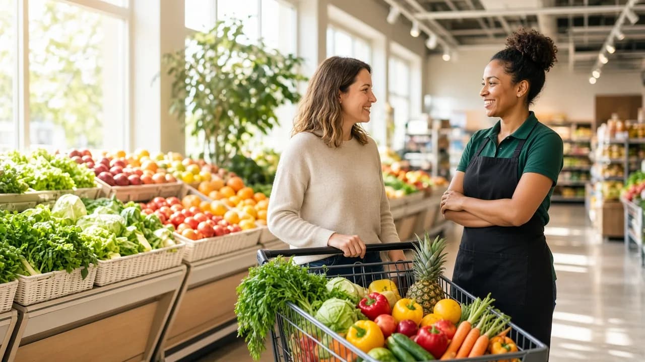 A shopper and a store associate stand beside a cart of loose fruit in a sunny produce aisle.