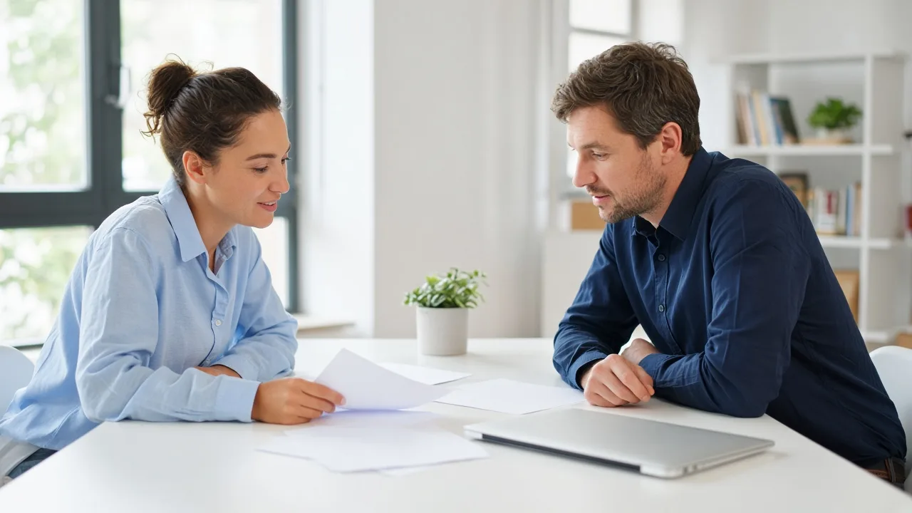 Two colleagues plan at a bright office table with blank sheets and a closed laptop.
