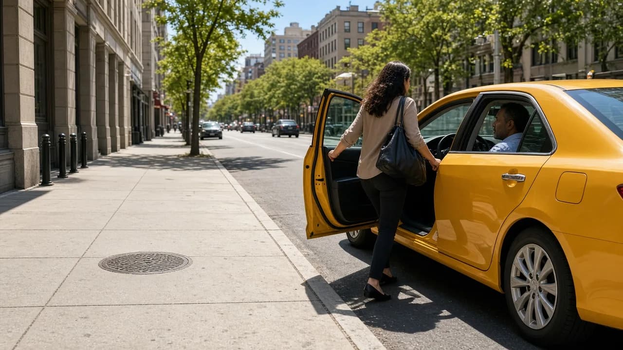 A rider opening the door of a yellow taxi at a sunny city curb.