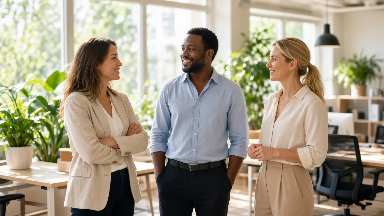 Three colleagues talk in a sunny open office with plants.
