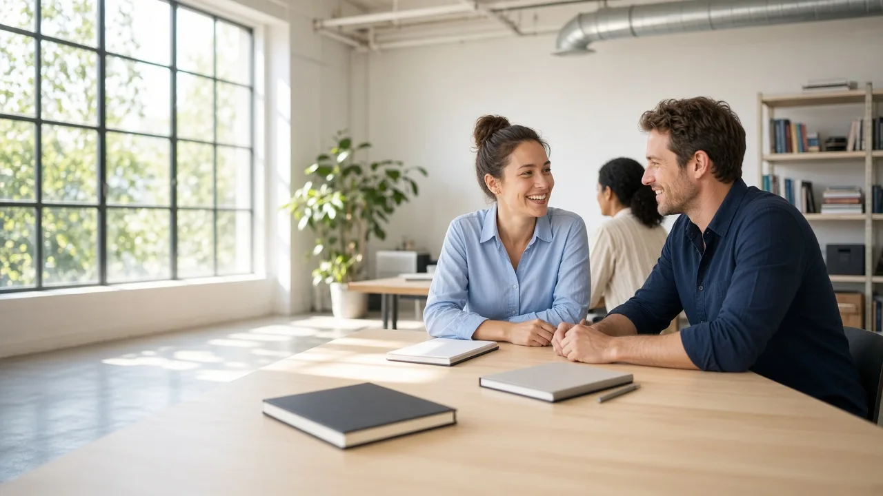 A small team gathers around a sunny office table with closed notebooks.
