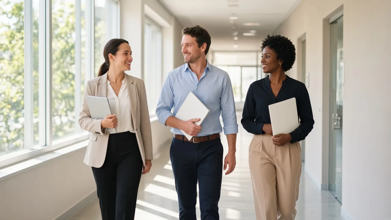 Colleagues walk a sunny office corridor with blank folders.