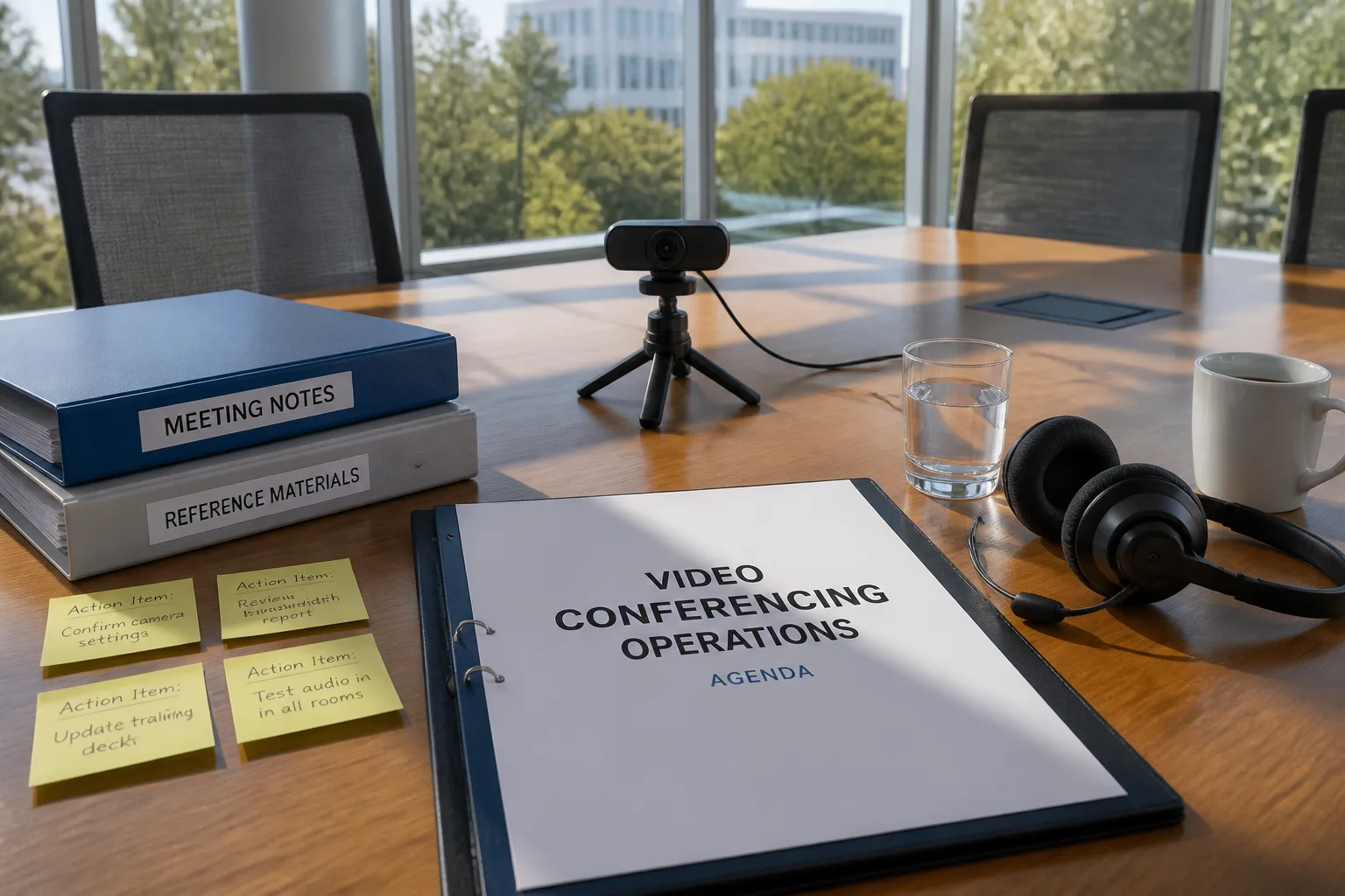 Bright USA meeting desk with webcam, headset, and agenda binders