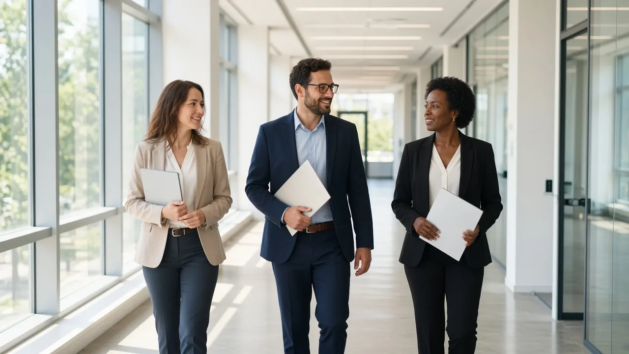 Three adults walk a sunny office corridor with blank folders.